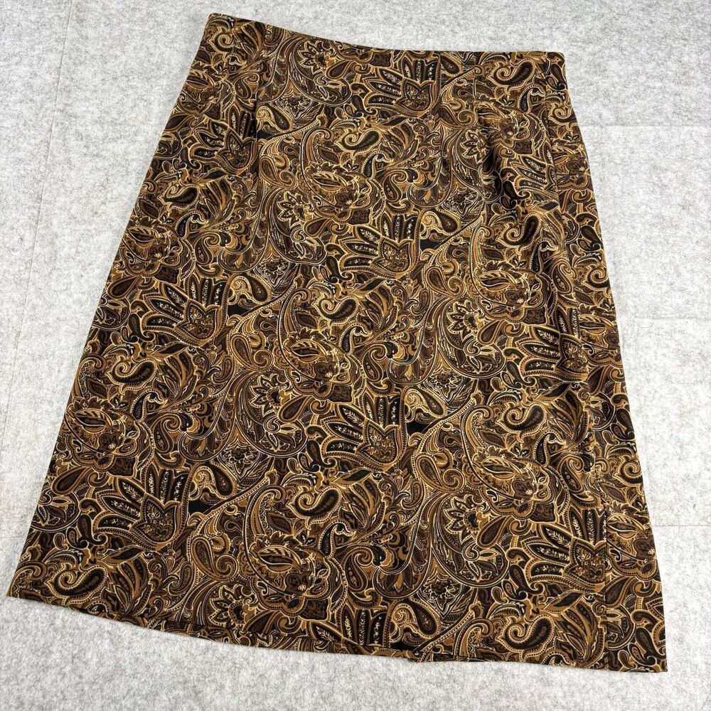 Vintage Briggs Brown Gold Paisley A-Line Midi Skirt Lined Zip Petite Womens 14P